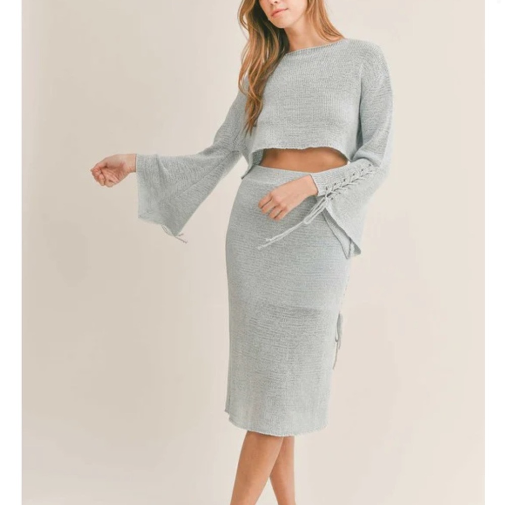 Ski Knit Long Sleeve Crop Top And Midi Skirt Set